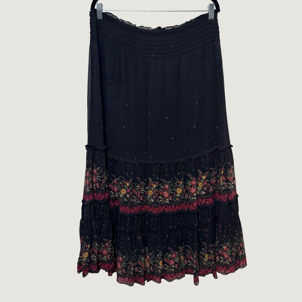 Vtg Express Silk Maxi Skirt L Black Floral Tiered Smocked Peasant Boho Cottage
